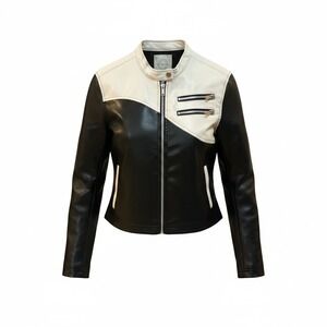 Stoosh Womens Faux Leather Colorblock Moto Biker Racer Jacket Black White S